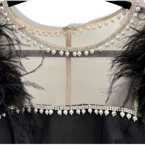 Mac Duggal Black Feather Cap Sleeve Pearl Embellished Midi Formal Dress | 2 - Picture 7 of 13